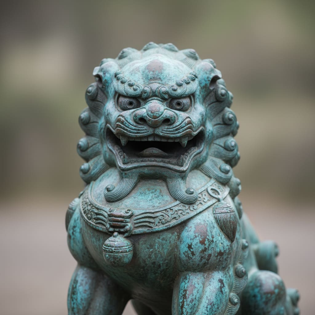 Close-up of bronze guardian lion