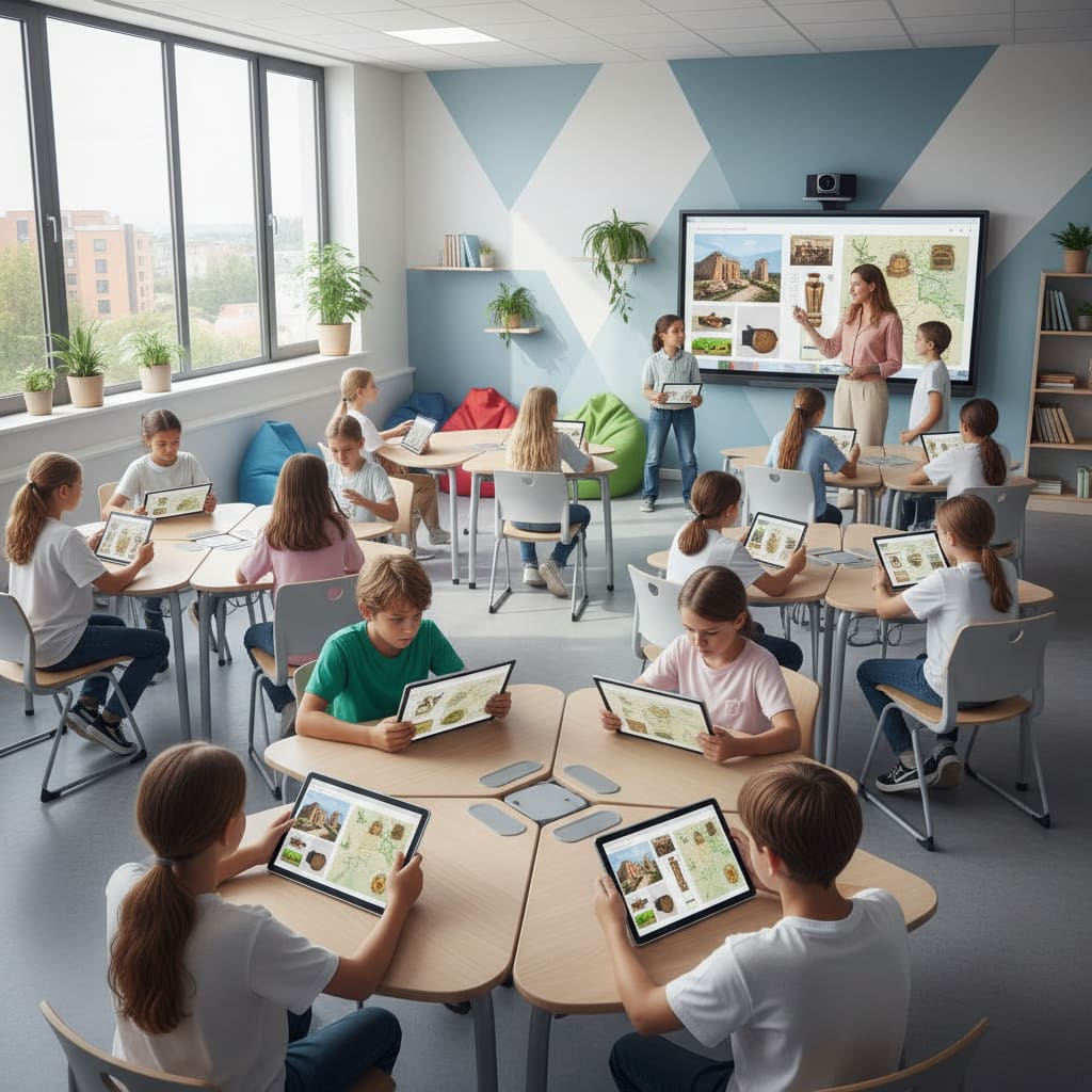 Students exploring cultural content on tablets