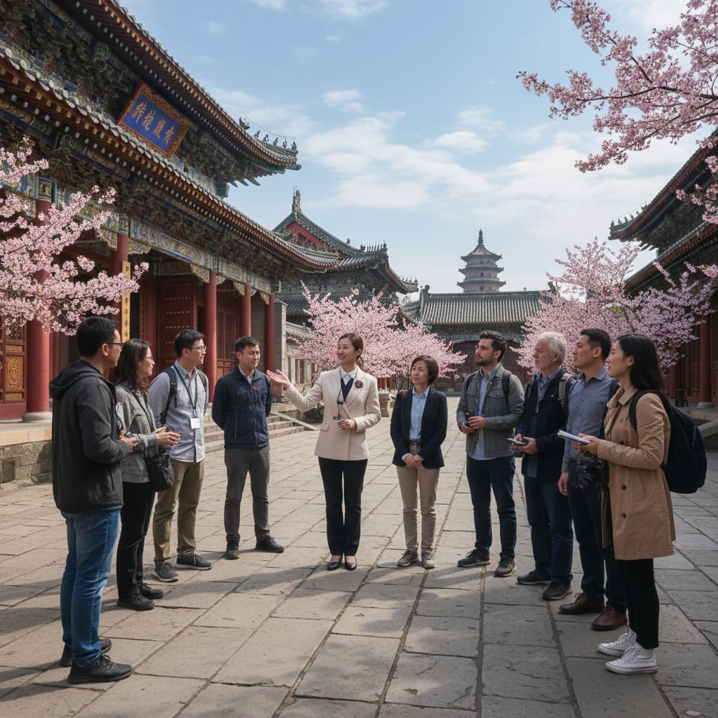Guide with visitors in a historic courtyard